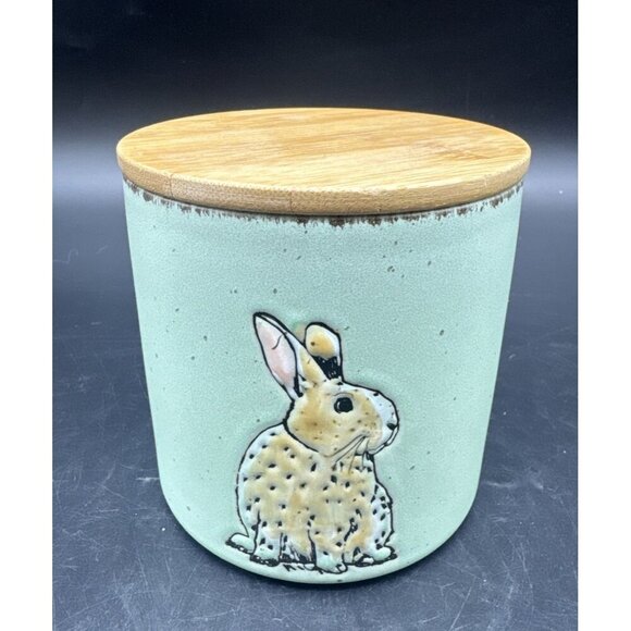 In Homestylez Ceramic Green Speckled Bunny Rabbit Canister Jar 4” Farmhouse - Picture 3 of 10
